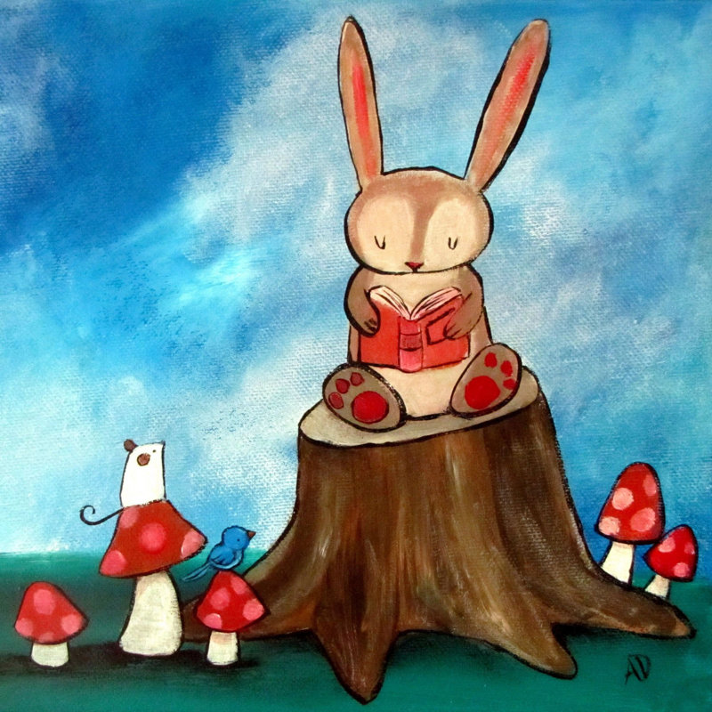 « lapin story » par andrea doss, reproduction d’art sur toile tendue, H 24 po x l 24 po x P 1,5 po