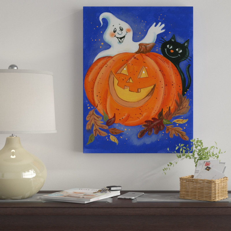 « citrouille, fantôme et chat », art sur toile, H 32 po x l 24 po x P 2 po