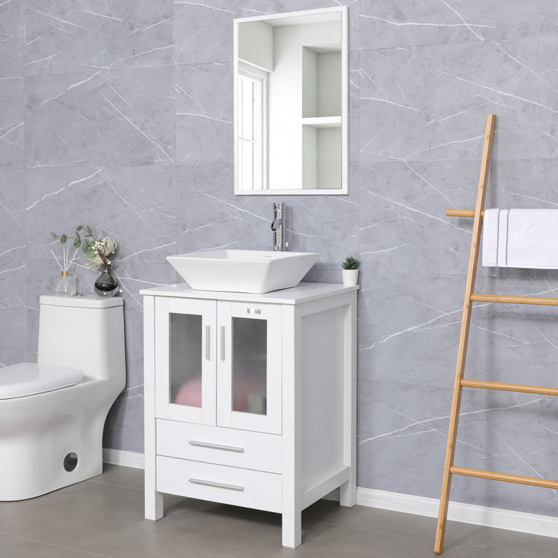  Ensemble de meuble-lavabo simple 24 po avec lavabo vasque en céramique, plateau en bois manufacturé, Blanc, Blanc