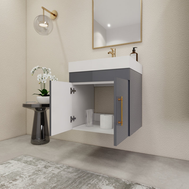 23.6" Wall-Mounted Single Bathroom Vanity Set, Glossy Gray