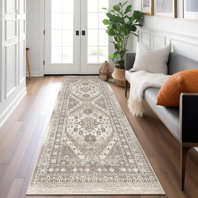 Medallion Non Slip Washable Rug(Brown), Runner 2' x 6'
