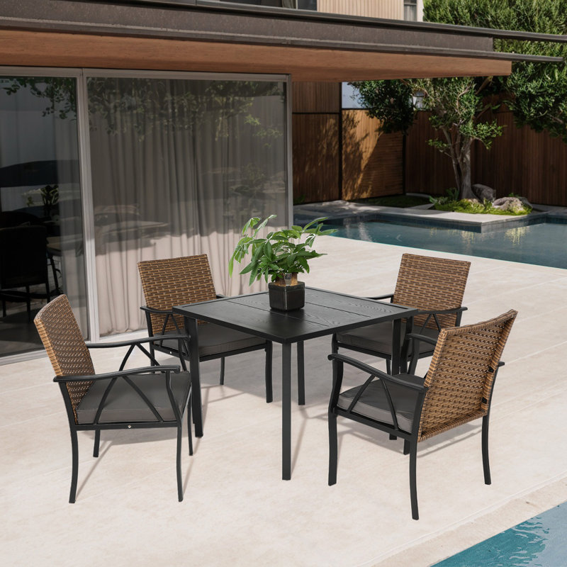 5-Piece Wicker Outdoor Table And Chairs, Patio Dining Set W/Square Steel Tabletop And Umbrella Hole, Patio Table And Chairs Set For Backyard Deck Balcony Front Porch