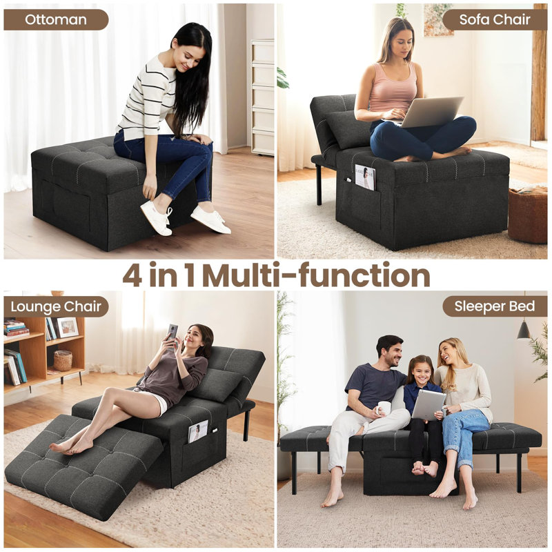 4-In-1 Multi-Function Folding Ottoman Breathable Linen Couch Bed With Adjustable Backrest & Pillow, Black