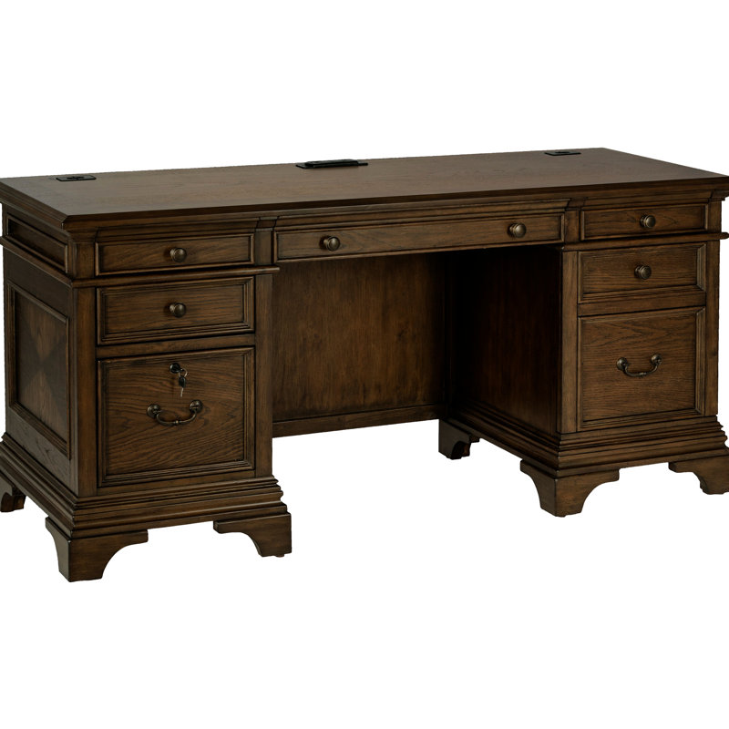 Bureau en chêne bruni avec cinq tiroirs, style élégant, dactylographie ergonomique, profondeur de 24 pouces, bois et 5 tiroirs pour un espace de travail organisé, grain en évidence, forme rectangulaire, 66 x 24 x 31,42 pouces,