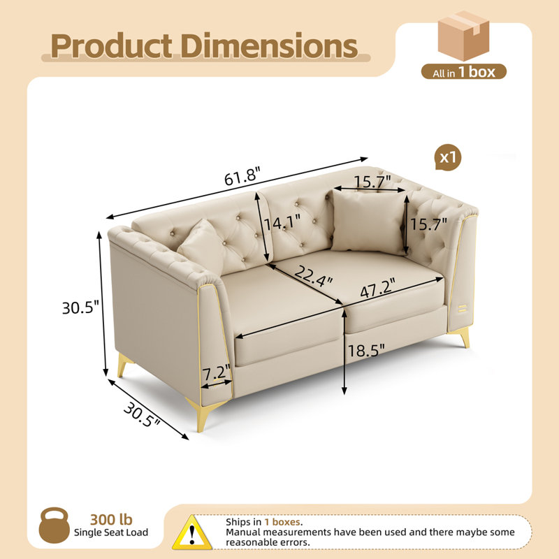 61.8 " Faux Leather Loveseat, Beige Faux Leather