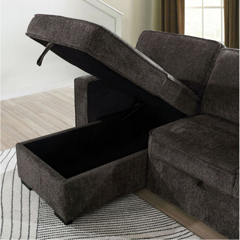 Upholstered L-Shaped Sectional Reversible, Dark Gray Polyester Blend