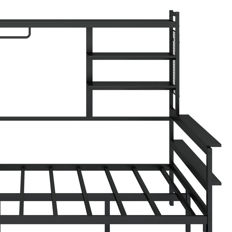 Lit de jour en métal avec bureau mobile, grille en métal, tablettes et cintre, Complète, Noir