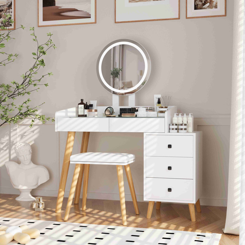 Coiffeuse avec lumières DEL et coiffeuse avec table d'appoint extensible à 5 tiroirs avec miroir et tabouret pour chambre à coucher