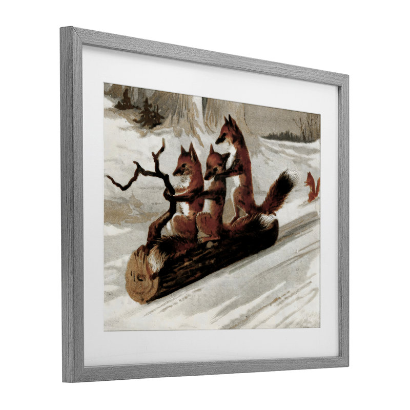 Renards qui traînent sur une bûche, impression par Arlington Prints, H 17 po x l 21 po, Cadre de ferme gris