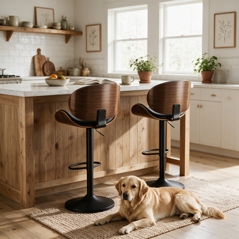 Modern Faux Leather Swivel Adjustable Height Bentwood Bar Stool, Black