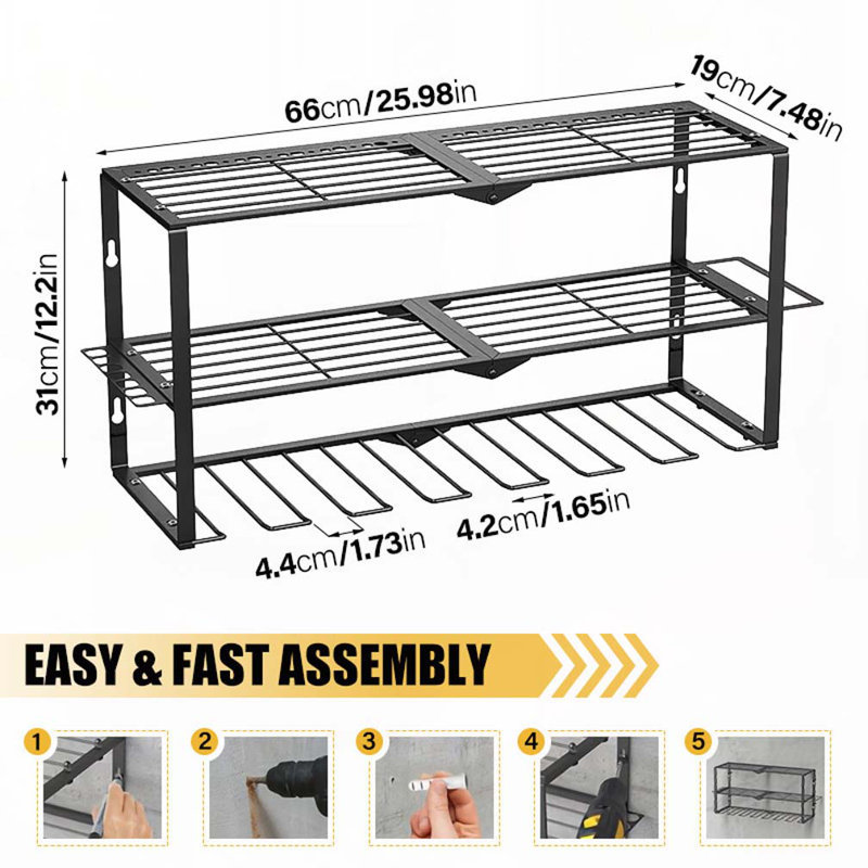 Rangement robuste pour outils électriques en métal avec 7 supports de perceuse, support de rangement de garage pour outils sans fil, tablette d'atelier avec panneau perforé compatible