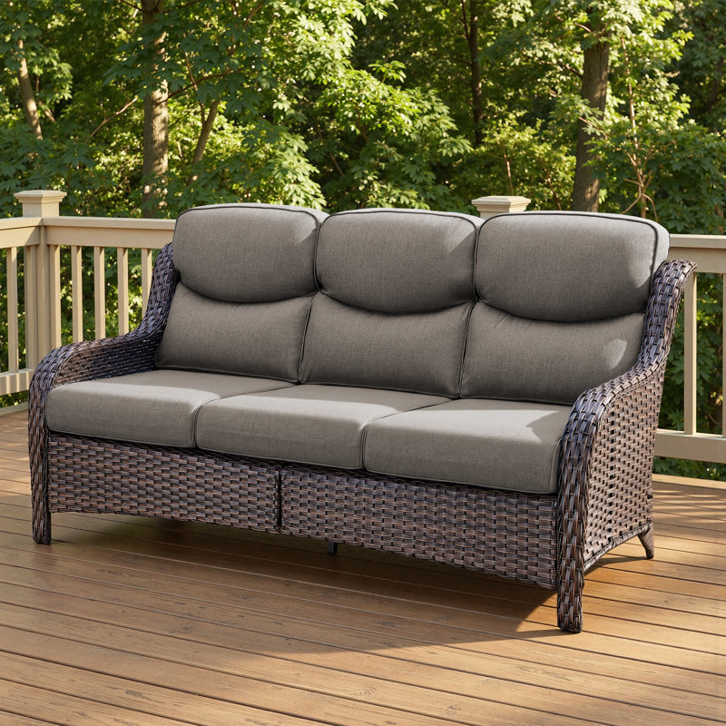 71" Outdoor Wicker Rattan Patio Sofa With 5" Thick Cushions, Brown, Gray