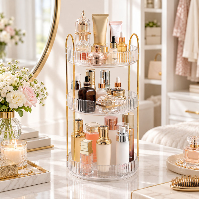 Organisateur de maquillage rotatif à 3 niveaux et à 360° avec plateaux transparents et tige en laiton
