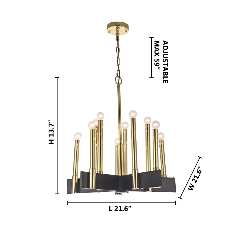 Lustre moderne 10 lumières en laiton mat et noir