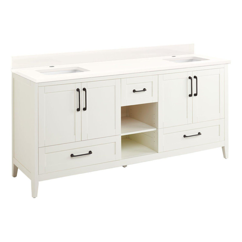72" Burfield Double Bathroom Vanity Set with Rectangular Undermount Sinks, Arctic White Quartz, Single-Hole Centered