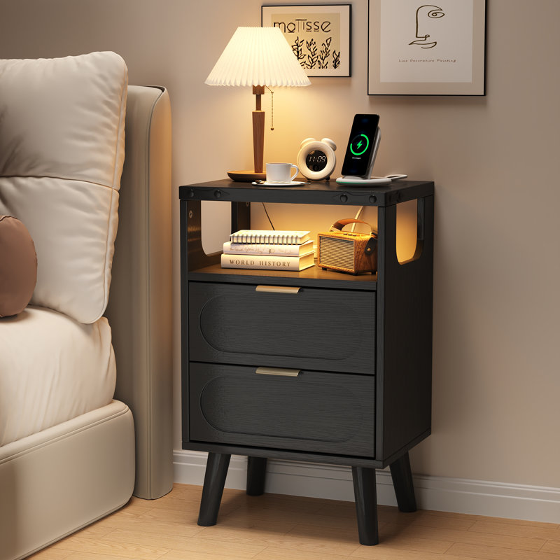 Lumina 15.7'' W Nightstand With Built-In Outlets & Open Shelve-Beside Table With Rgb Led Lights, Black, Individual