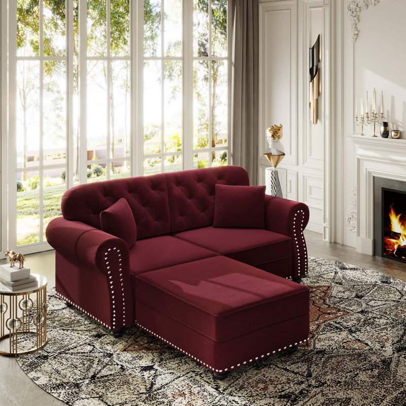 Canapé Chesterfield Mid-Century moderne en velours avec capitonnage à boutons et têtes de clou, Bourgogne
