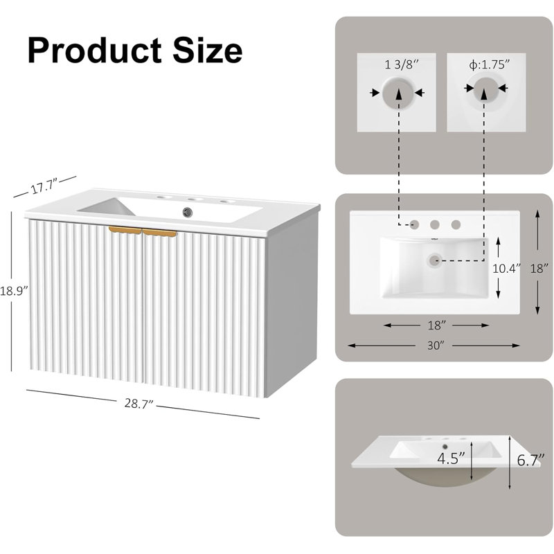 Meuble-lavabo mural 30 po avec lavabo et lumière DEL, Blanc