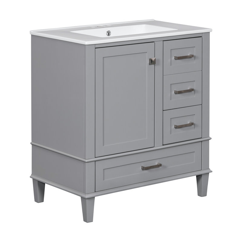 Meuble-lavabo gris Vanatta de 30 po, armoire moderne avec lavabo en céramique, structure en bois massif, 3 tiroirs et porte à fermeture silencieuse