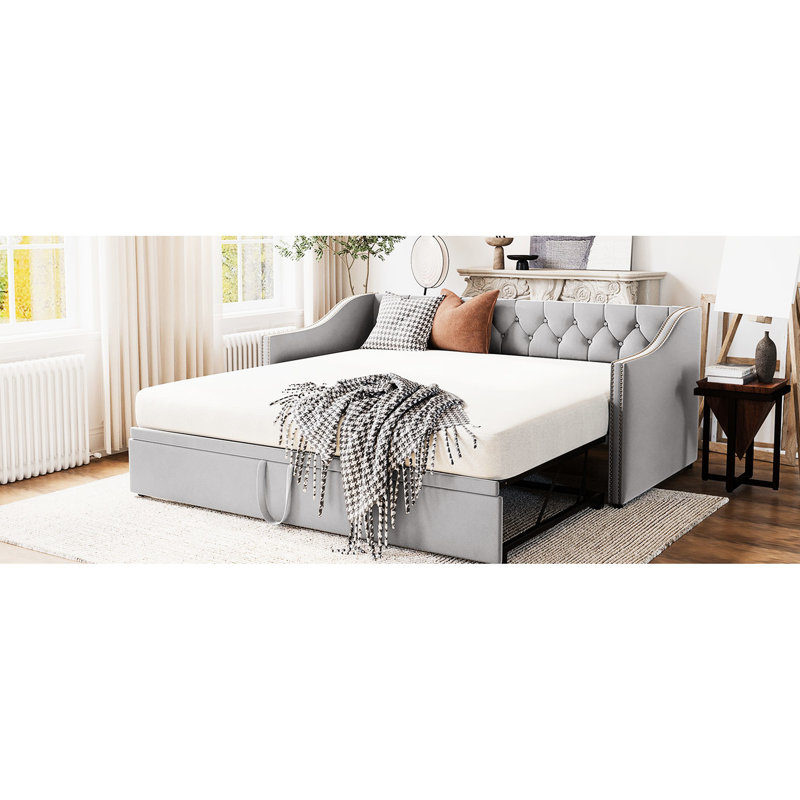 Lit de jour simple avec revêtement gris et lit gigogne ajustable pour adultes revêtus de plusieurs espaces fonctionnels, sans sommier tapissier