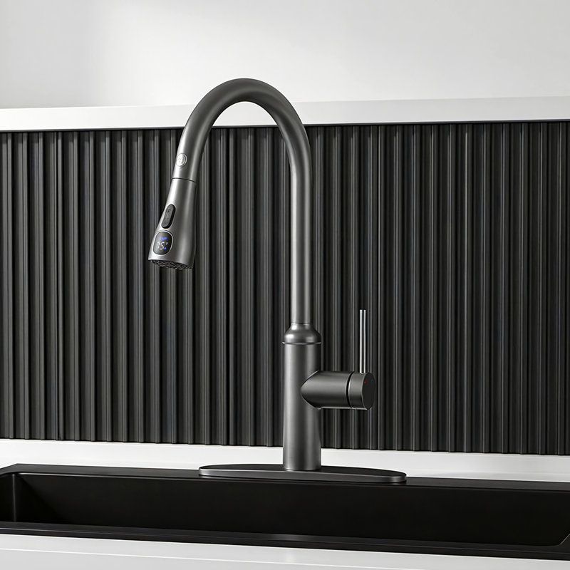Robinet de cuisine rétractable avec capteur tactile et plaque de pont, Gris pistolet