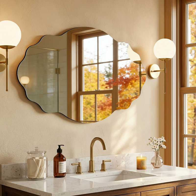 Miroir mural sans cadre ondulé, miroir de salle de bain irrégulier moderne, miroir mural décoratif pour meuble-lavabo, salon et entrée
