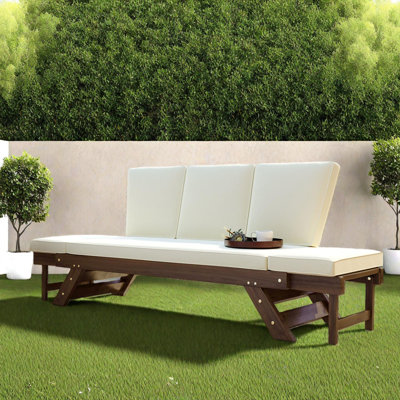 Outdoor Adjustable Patio Wooden Daybed Sofa Chaise Lounge w/Cushions for Small Spaces