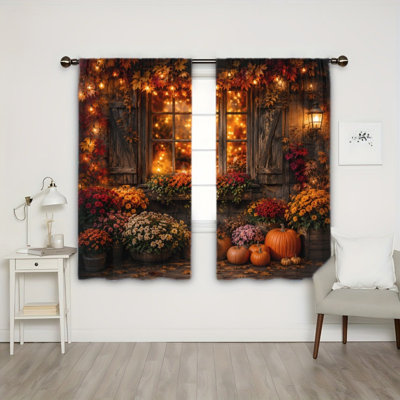 2 rideaux filtrant la floraison d'automne citrouille 2PCS, motif scénique chaud saison d'automne, décoration confortable et confortable, passe-tringle facile à suspendre, salon, chambre à coucher, dortoir toutes saisons
