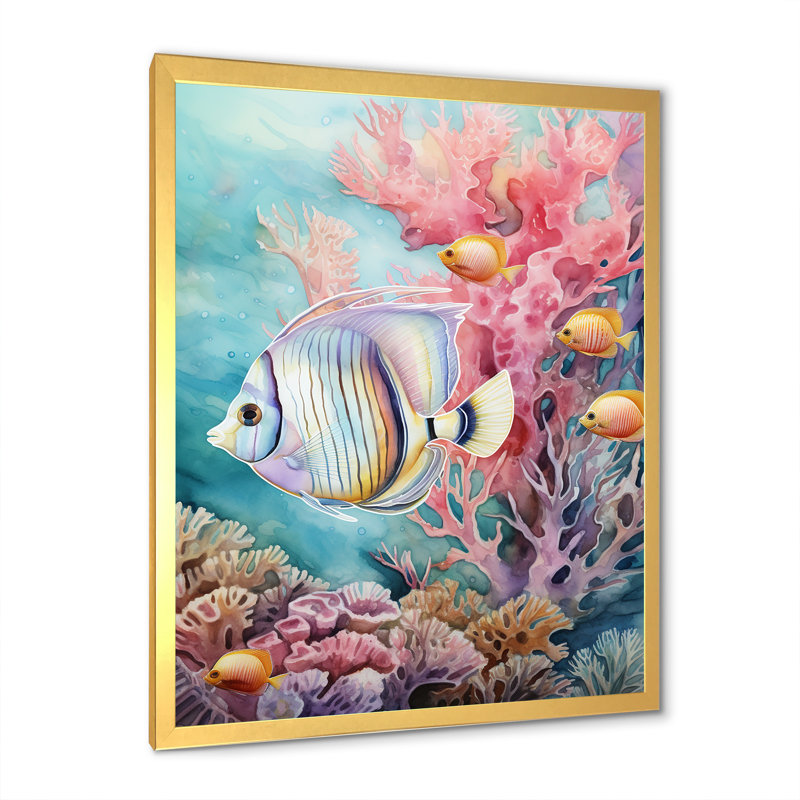 «Beautiful Pink and Blue Butterflyfish I», reproduction sur toile, Cadre doré simple, H 40 po x l 30 po x P 1,5 po