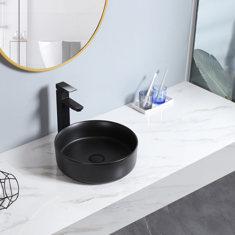 ANDVIN 14.17'' Black Ceramic Round Vessel Bathroom Sink Above Counter with Pop-up Drain.