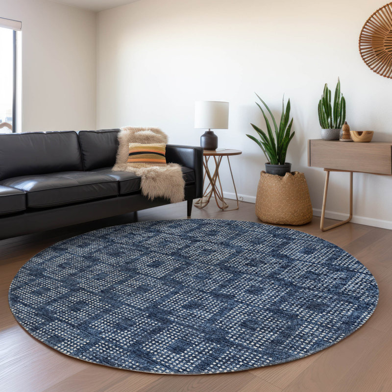 Premium Machine Washable Mayfield AMF33 Geometric Rug, Blue, 8' Round