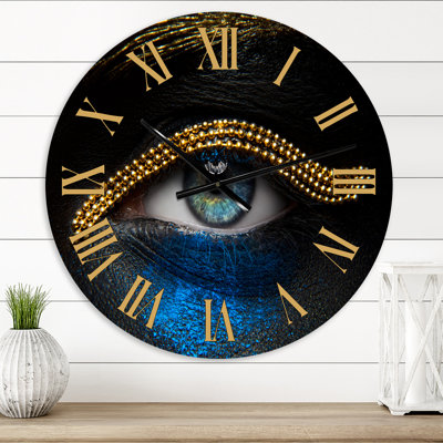 Woman Eyes With Gold Chain And Blue Pigment - Modern Wall Clock