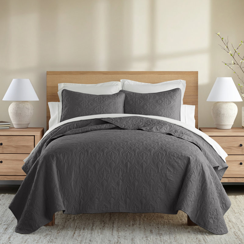 Ensemble de courtepointe légère en damas doux toutes saisons par Simply Soft, Gris