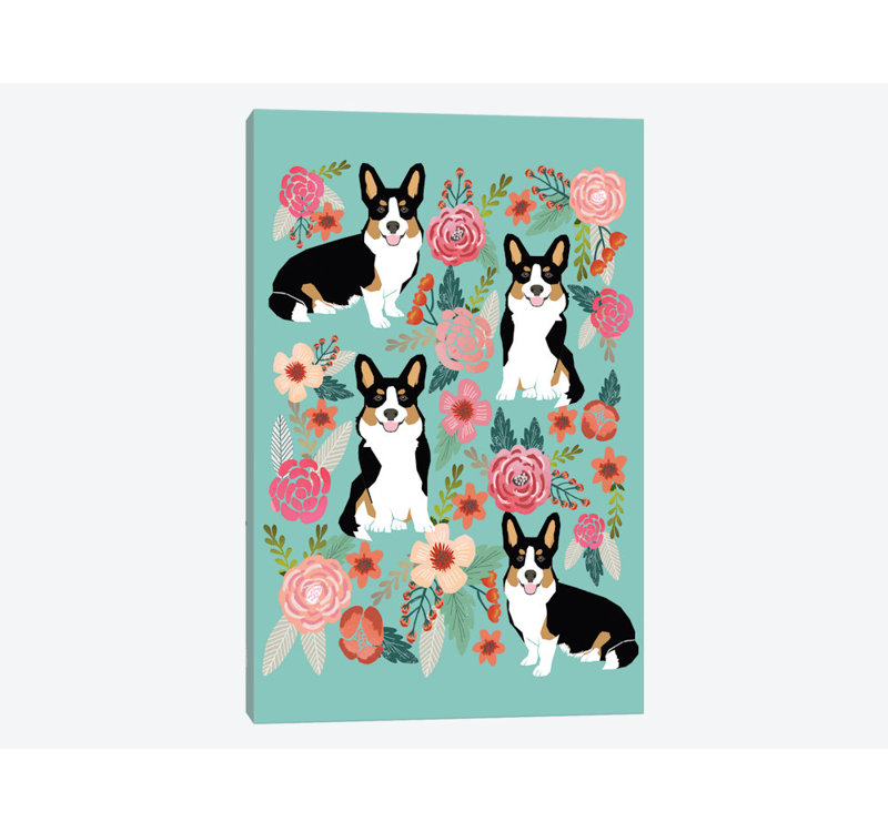 « corgi floral collage ii », impression sur toile tendue, H 60 po x l 40po x P 1,5 po, Toile tendue, Pas de tapis