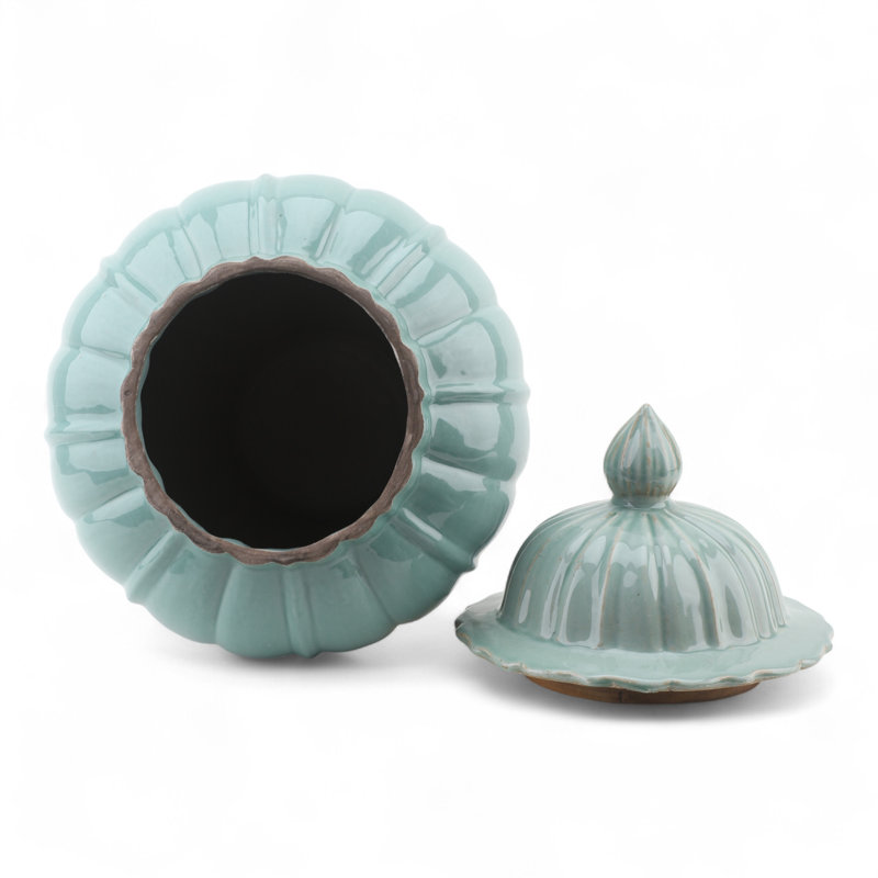 Pale Blue Fluted Jar with Lid, Green