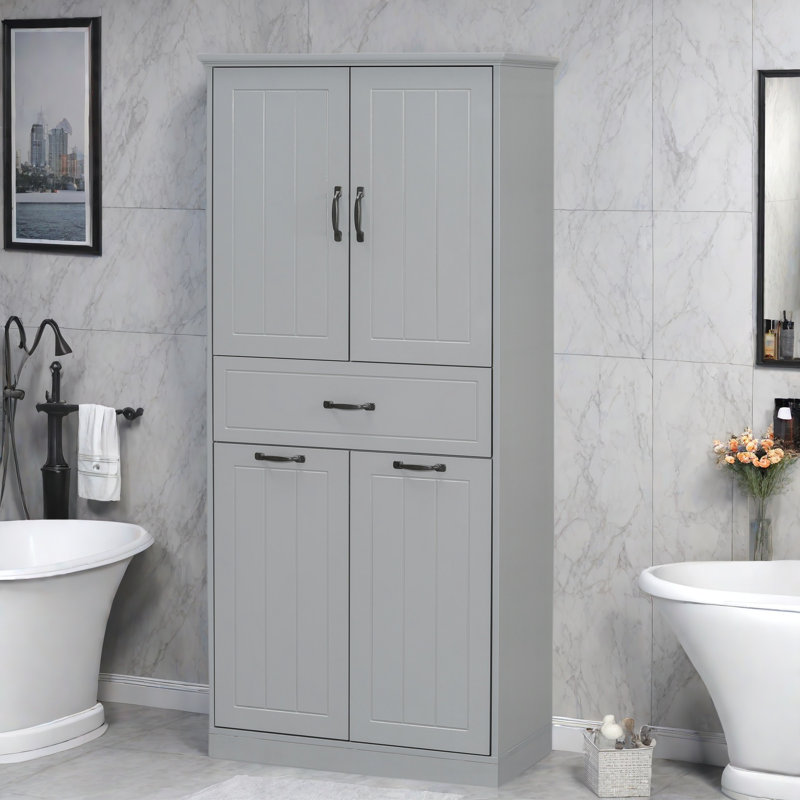 Armoire de rangement pour salle de bain avec deux paniers à linge, une armoire avec 1 tablette réglable et 1 tiroir, Gris