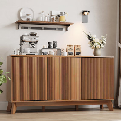 Modern Farmhouse Fluted Sideboard Buffet Cabinet – 58" Wooden Credenza with Adjustable Shelves – Ample Storage for Dining Room, Kitchen, Coffee Bar – Walnut Color
