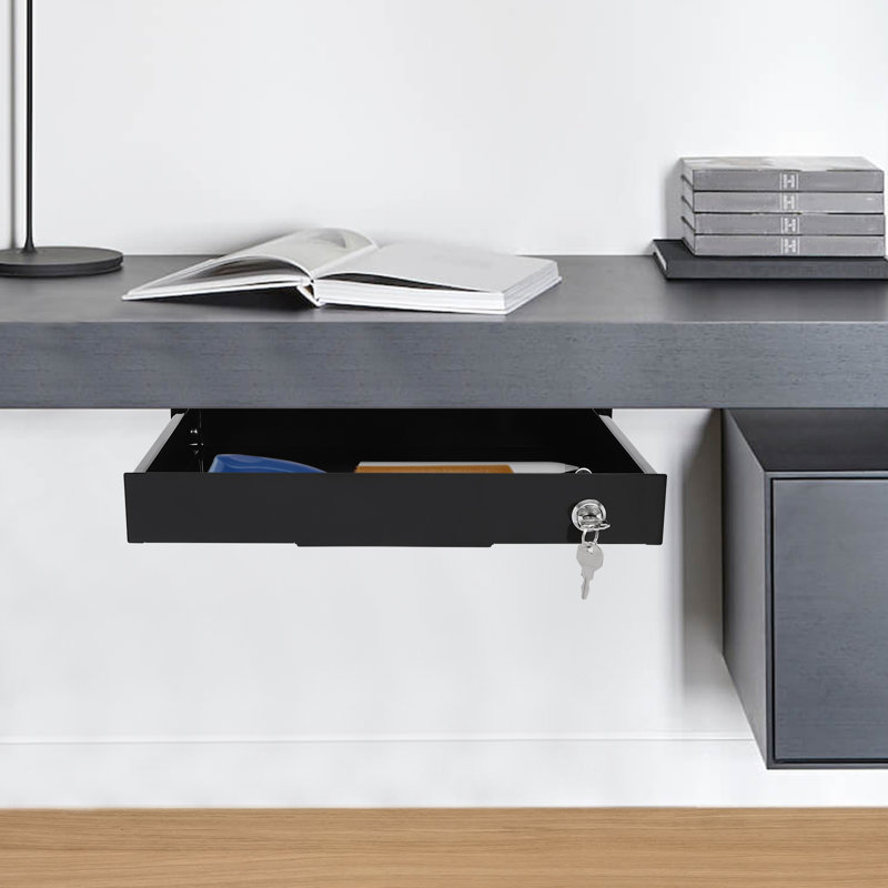 Under Desk Mounted Sliding Pull-Out Drawer Storage Organizer, Black