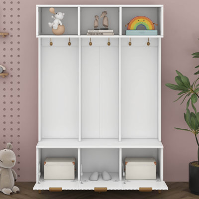 Portemanteau avec banc et rangement pour chaussures, armoire d'entrée avec portes cannelées ultrabrillantes et tablettes ouvertes, portemanteau avec 6 crochets et pieds dorés