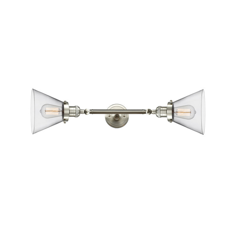Cone 2 Light Bath Vanity Light, Brushed Satin Nickel, 6 Watt Vinage LED Bulb, Clear
