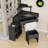 Corner Makeup Vanity with Cushioned Storage Stool, Glass Tabletop and Movable Pull-Out Cabinet-1709627035