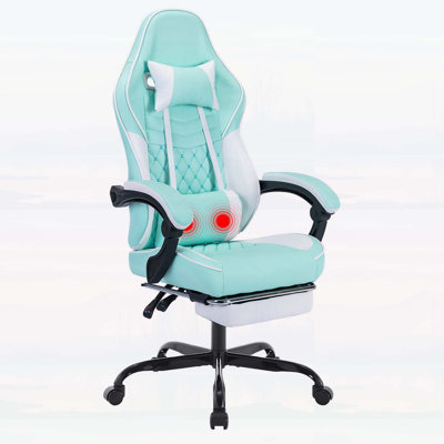 Fauteuil de jeu vidéo ergonomique avec soutien lombaire massant, repose-pieds et appui-tête réglables pour un confort optimal pendant les jeux et le travail.