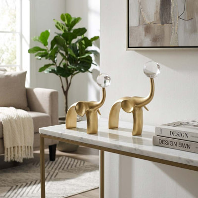Modern Elephant Sculpture with Crystal Ball Accents for Home Decor - Decorative Animal Figurines for Living Room Decoration - Set of 2, 9", 7", Gold