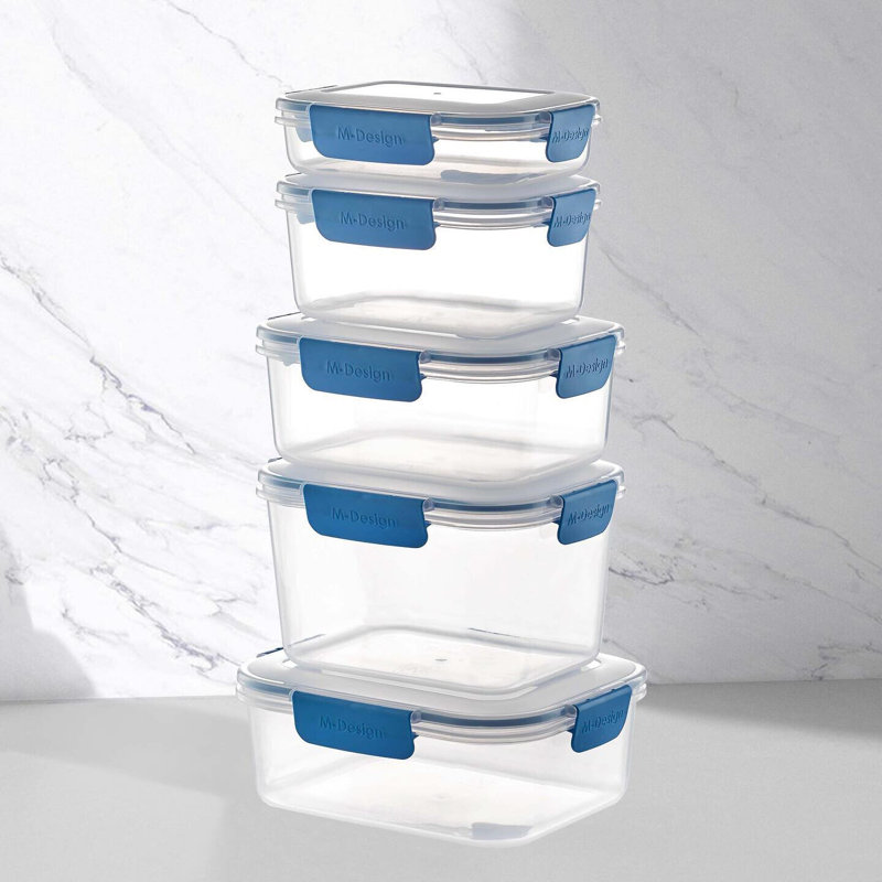 Plastic Airtight Seal Clip Lock Lid 5 Container Food Storage Set, Blue