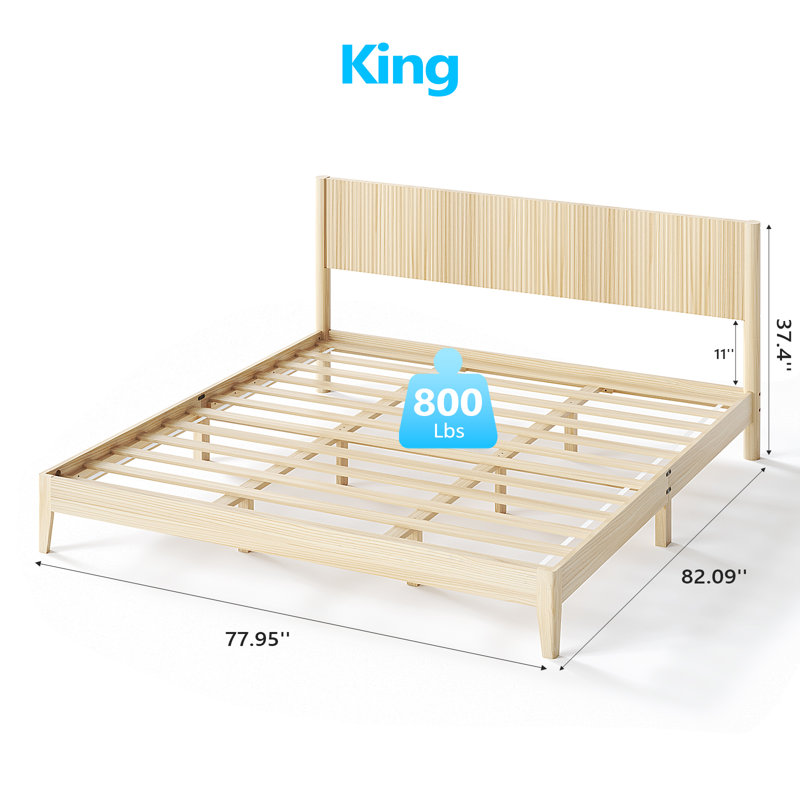 Solid Wood King  Bed Frame Platform Bedframe With Headboard Grille Style, King
