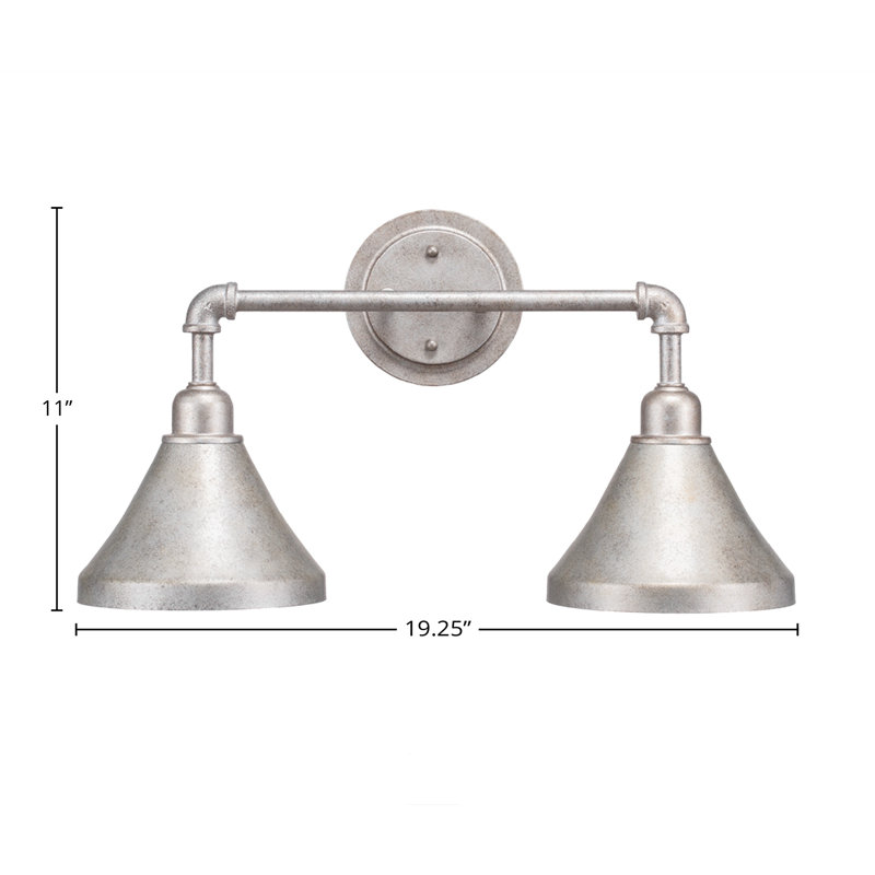 Barre d'éclairage de salle de bain 2 lumières Eilif Vintage avec abat-jour conique en métal 7 po, Argent vieilli