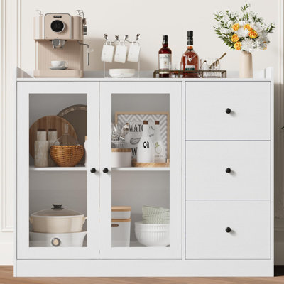 Buffet avec rangement, armoire à café de 43 po avec portes en verre et 3 tiroirs, armoire de rangement avec tablettes réglables