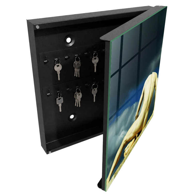 Key box for home, Opens to the left, 30x30x5, Black, Sculpture of a man against a background of clouds, 