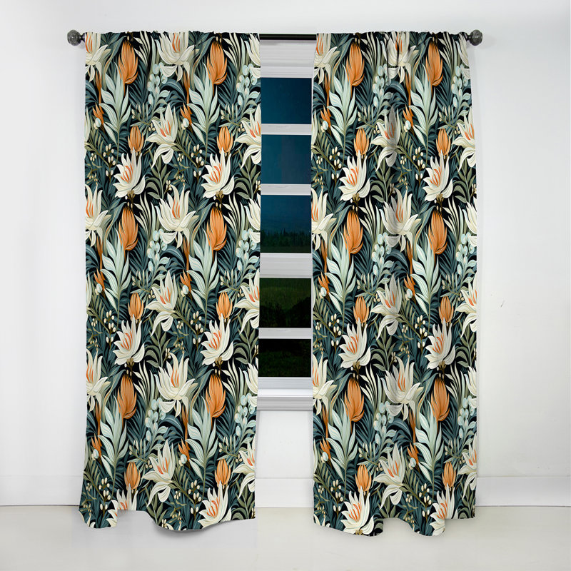 Motif floral vert et orange - Rideau occultant - 1 panneau, L 52 po x L 90 po