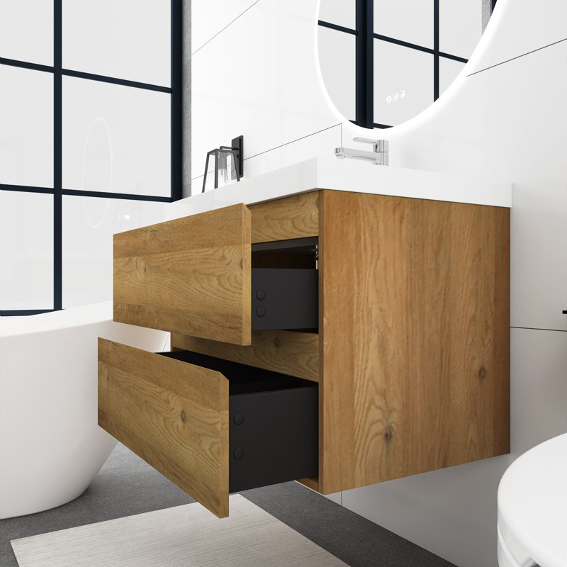Meuble-lavabo mural simple 36 po avec plateau en résine, Chêne clair